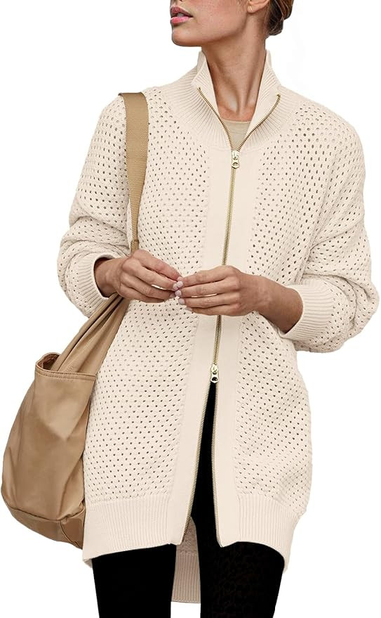 Women's Turtleneck Zip Up Cardigan Sweaters Oversized Drop Shoulder Long Sleeve Casual Solid Mesh... | Amazon (US)