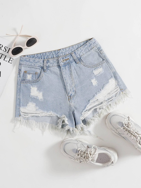 SHEIN EZwear Ripped Raw Cut Denim Shorts | SHEIN