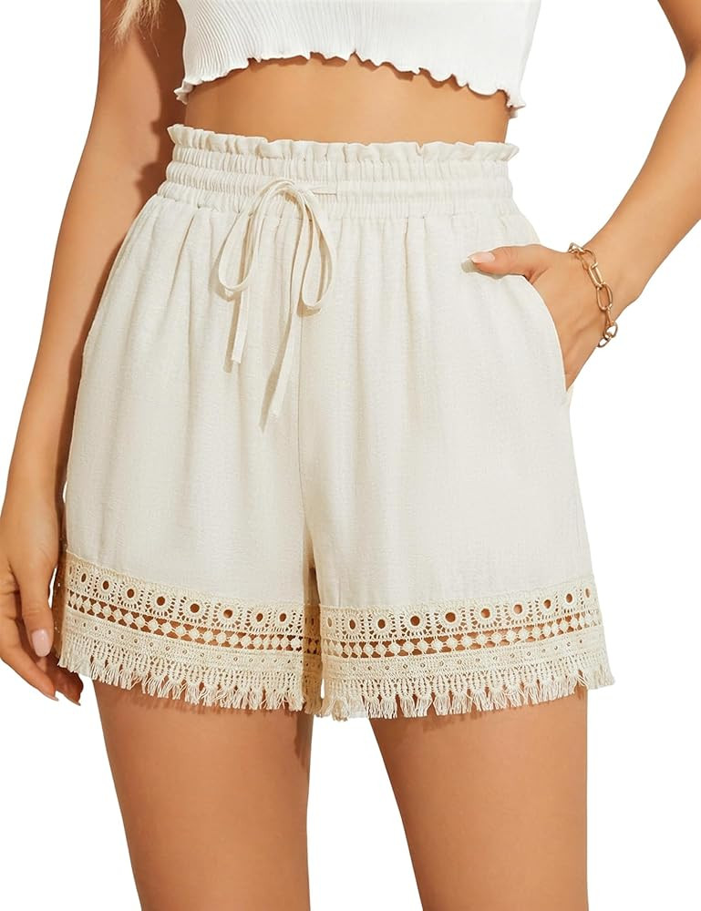AKEWEI Womens Elastic High Waist Cotton Shorts Casual Ladies Drawstring Lace Summer Beach Shorts | Amazon (US)