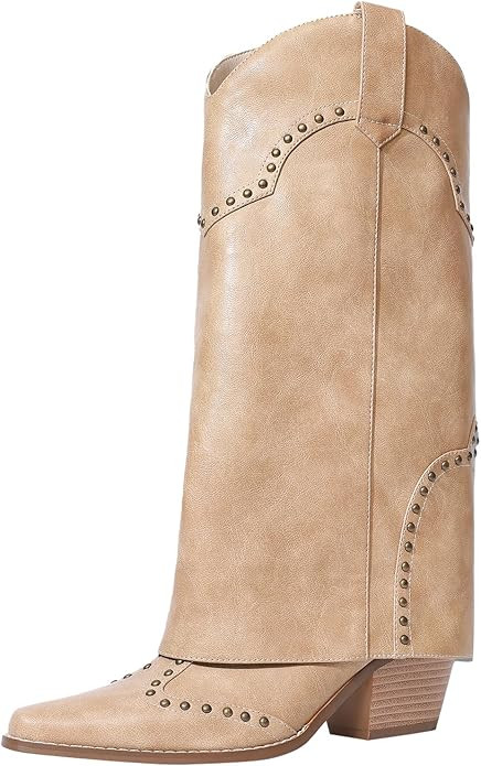 Women Shark Boots Fold Over Mid Calf Chunky Heel Snip Toe Cowboy Cowgirl Pull On Studded Boots fo... | Amazon (US)