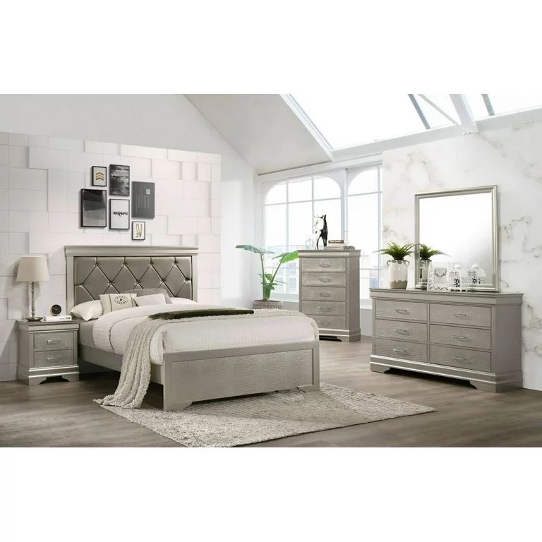 5pc Silver Finish Panel Bedroom Set Upholstered Button Tufted Headboard Queen Bed Dresser Mirror ... | Walmart (US)
