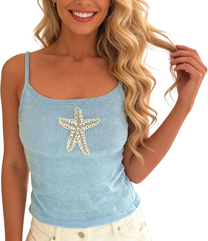 Women Y2k Starfish Cami Top Rhinestone Printed Crop Tank Tops Slim Fitted Knit Going Out Summer S... | Amazon (US)