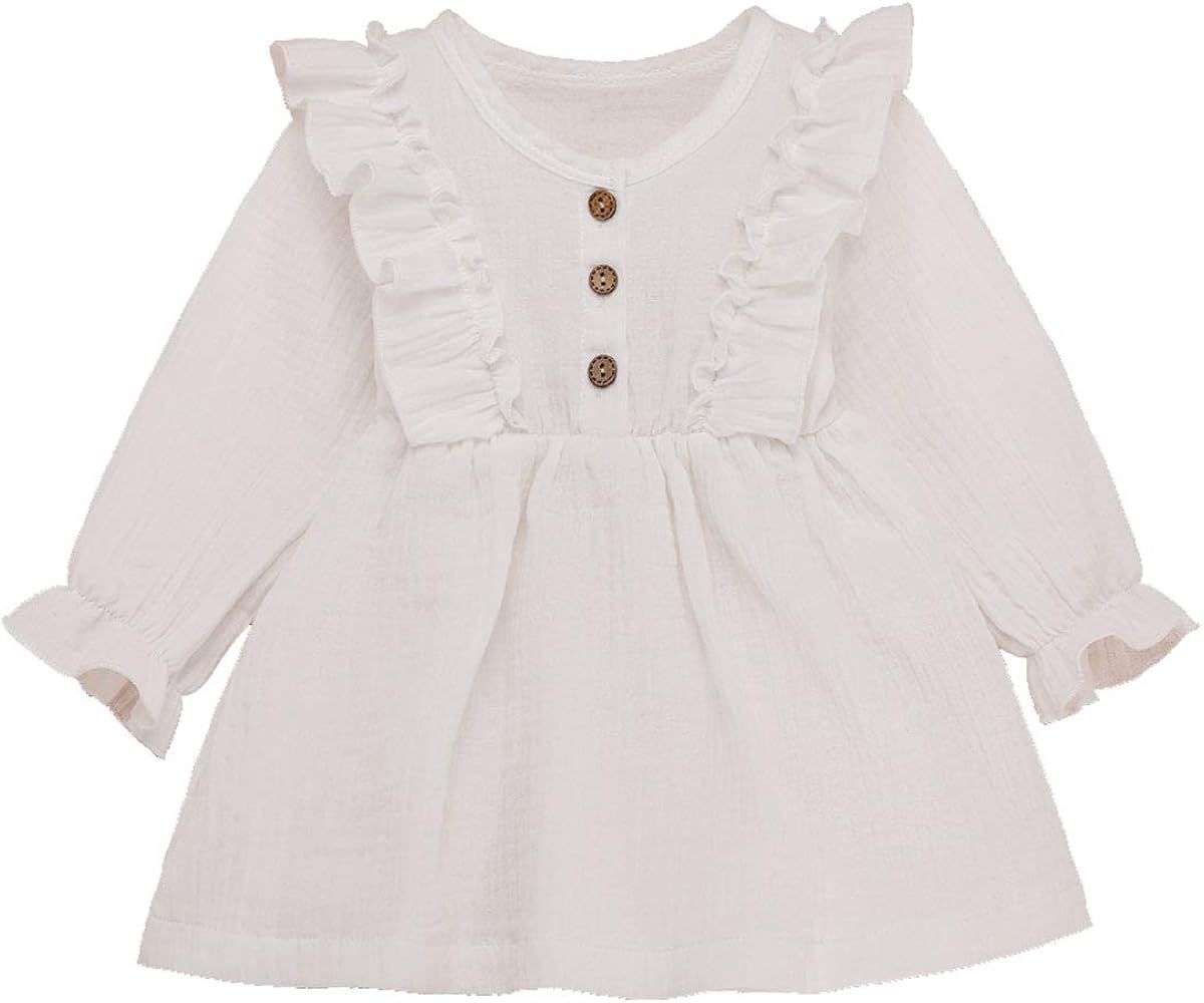 Arleysh Toddler Baby Girls Clothes Cotton Linen Button Dresses Cute Ruffle Princess Party Dress Long | Amazon (US)