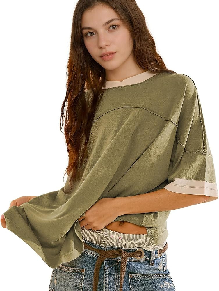 Hixiaohe Women Summer Tops Short Sleeve Color Block Shirt Oversized Tshirts Casual Loose Tee Shir... | Amazon (US)