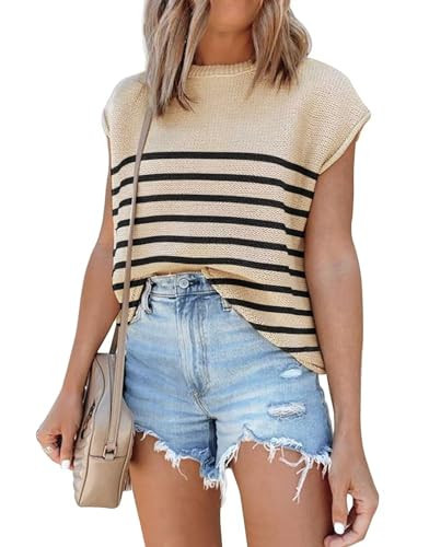 Womens Cap Sleeve Summer Tops 2024 Trendy Striped Crew Neck Short Sleeve Lightweight Knit Sweater Tops(S.Stripe Khaki) | Amazon (US)