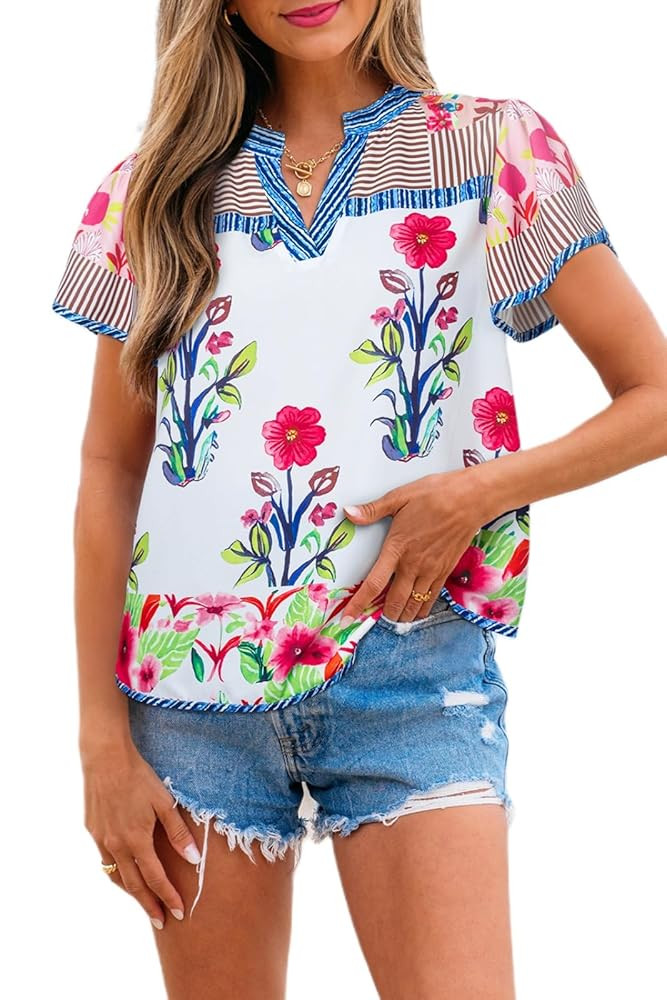 Women Y2K Ruffle Cap Sleeve Top Boho Floral V Neck Shirt Peplum Babydoll Patchwork Blouse Shirt G... | Amazon (US)