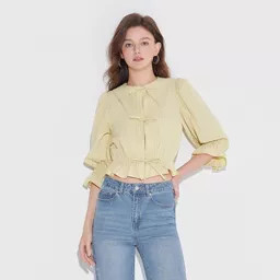 Women's Balloon 3/4 Sleeve Tie-Front Shirt - Wild Fable™ Yellow Striped XL | Target