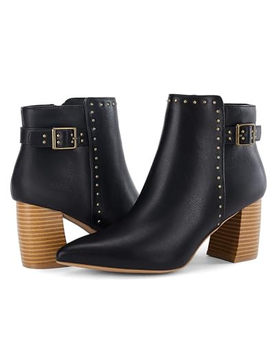 Coutgo Women's Pointed Toe Ankle Boots Chunky Stacked Heel Side Zipper Casual Fall Booties Shoes, Black, Size 9.5 | Amazon (US)