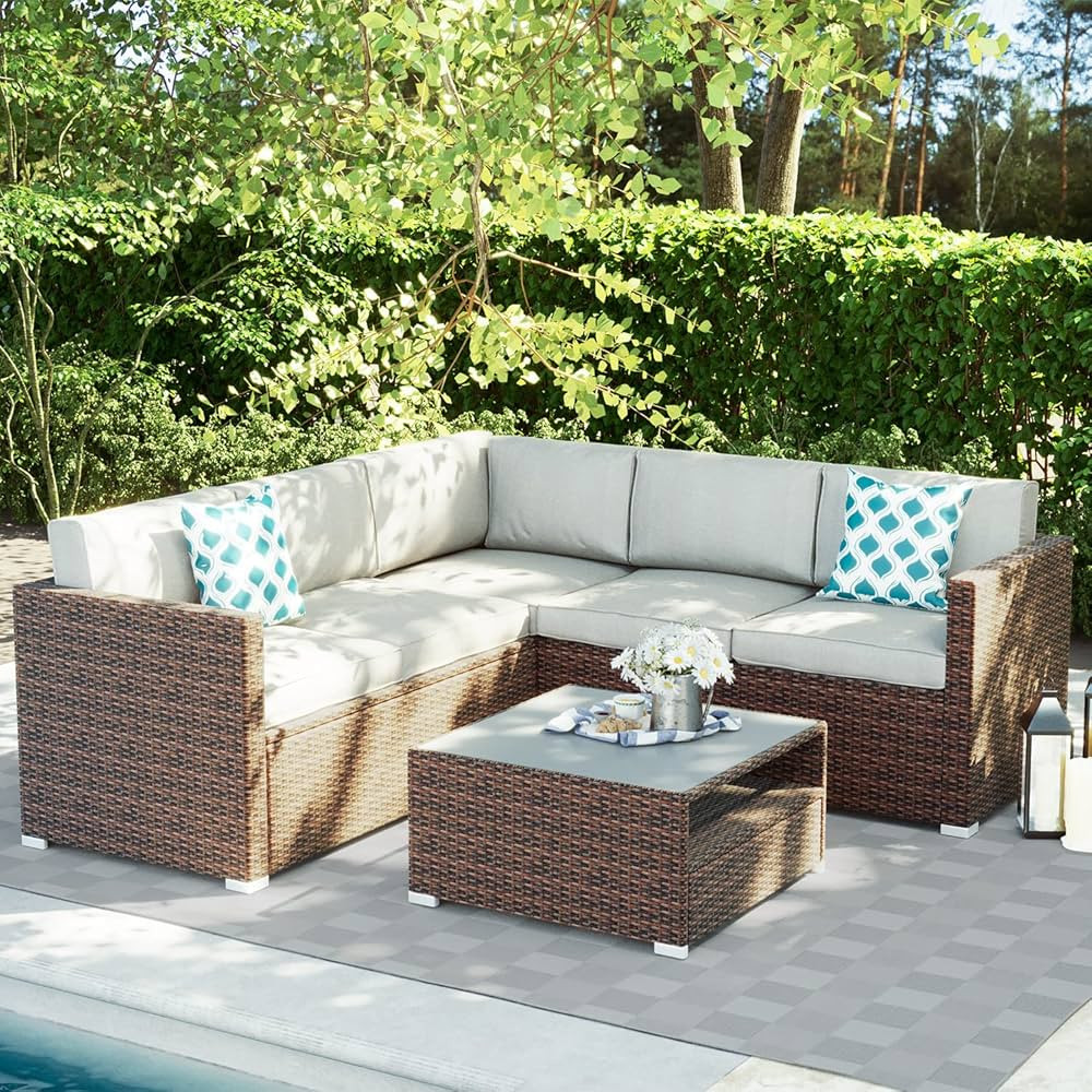 SUNBURY 4-Piece Outdoor Sectional Sofa Patio Furniture Set w Grey Thinck Cushions, Patio Conversa... | Amazon (US)