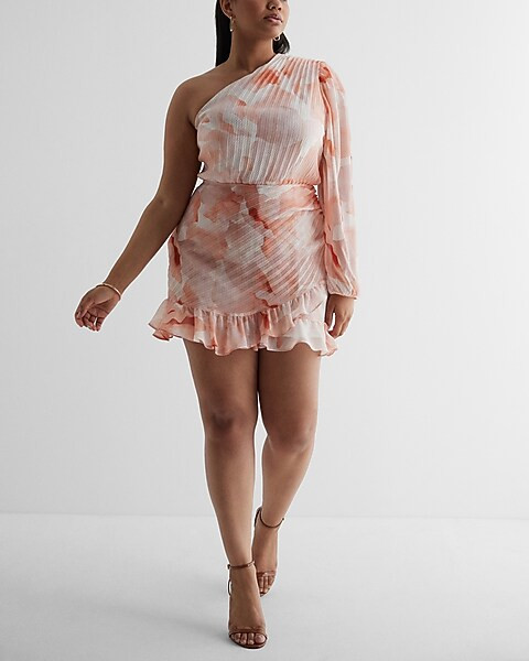 Floral One Shoulder Wrap Front Ruffle Romper | Express