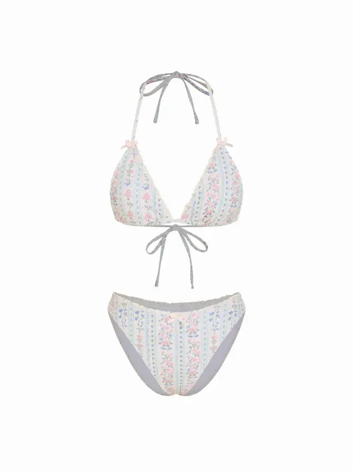 Knit Fabric Floral Sweetheart Reversible Cheeky Mid Rise Bikini Set For Swimming Pool Beach | Cider