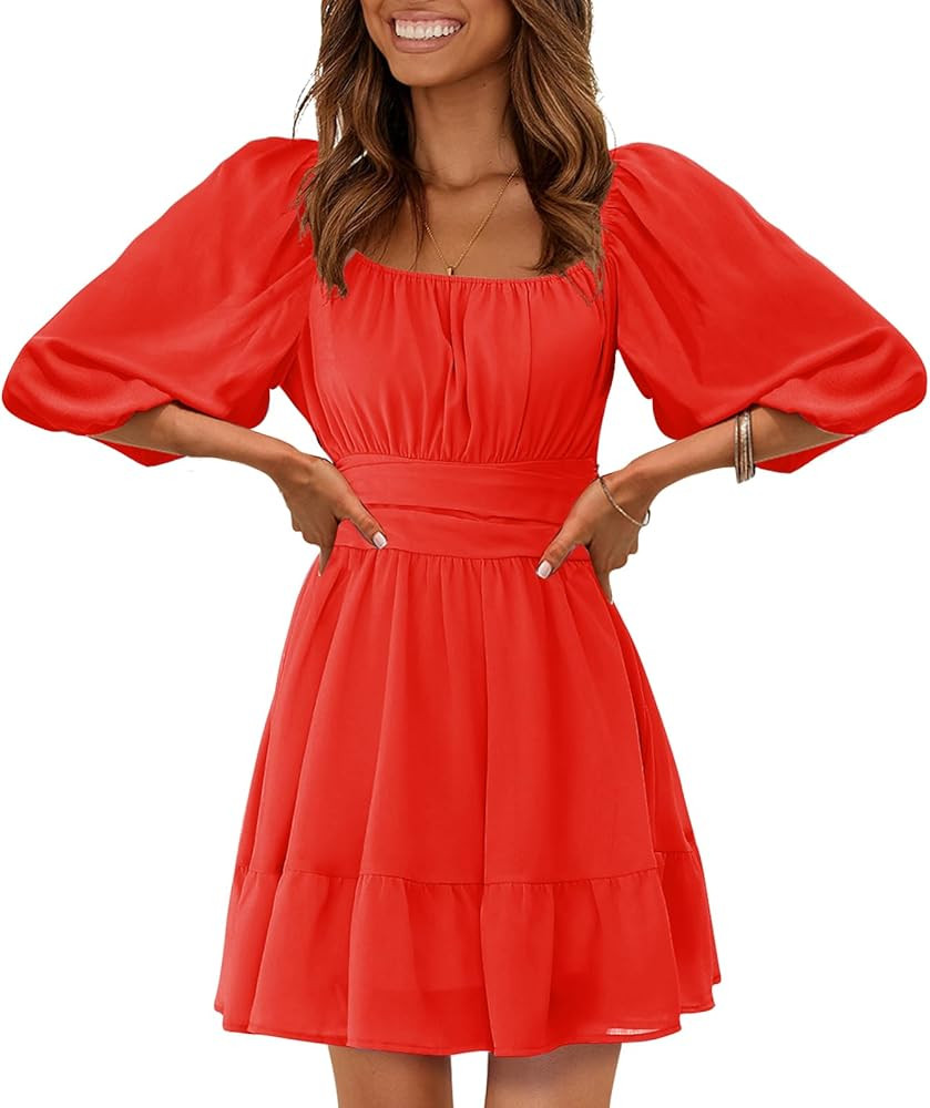 EXLURA Women's 2024 Casual Long Lantern Sleeve Dresses Square Neck Ruffle Tie Back Elastic Waist ... | Amazon (US)