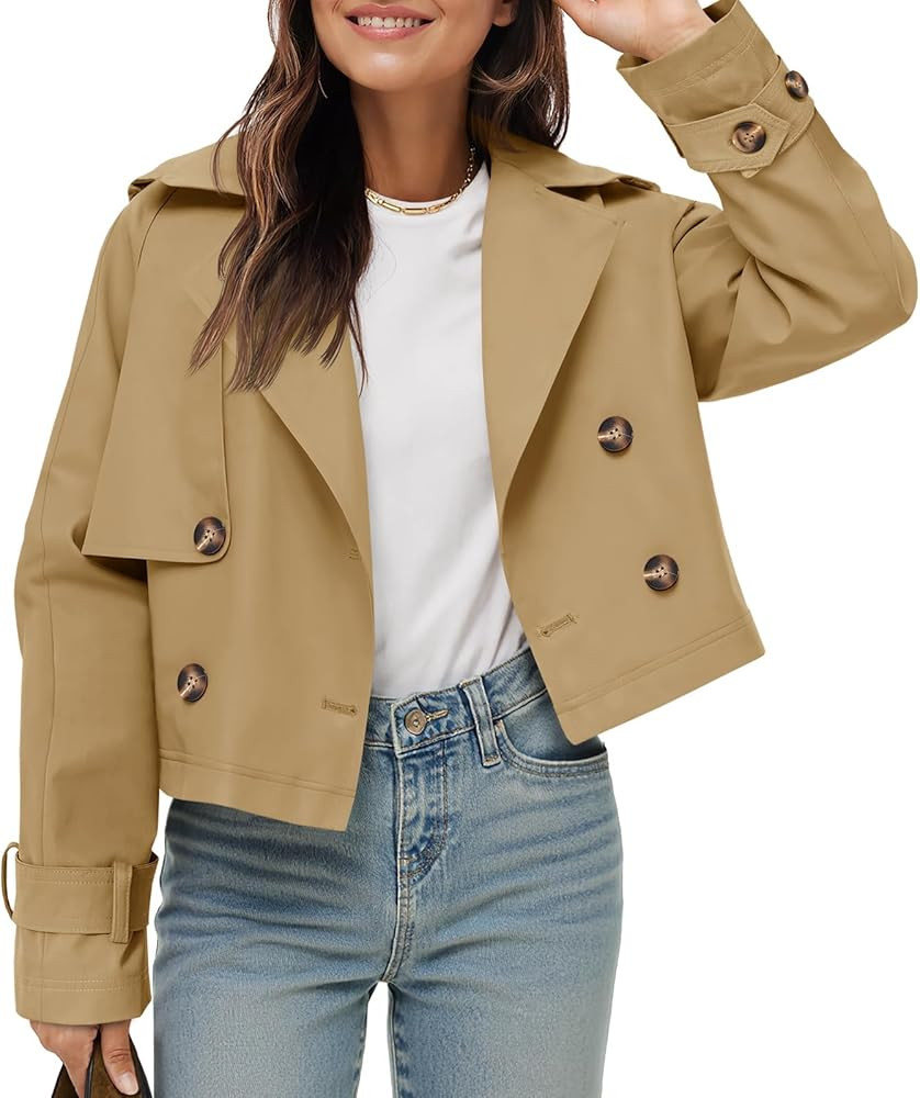 Tankaneo Womens Cropped Trench Coat Lapel Double Breasted Short Jacket Outwear | Amazon (US)