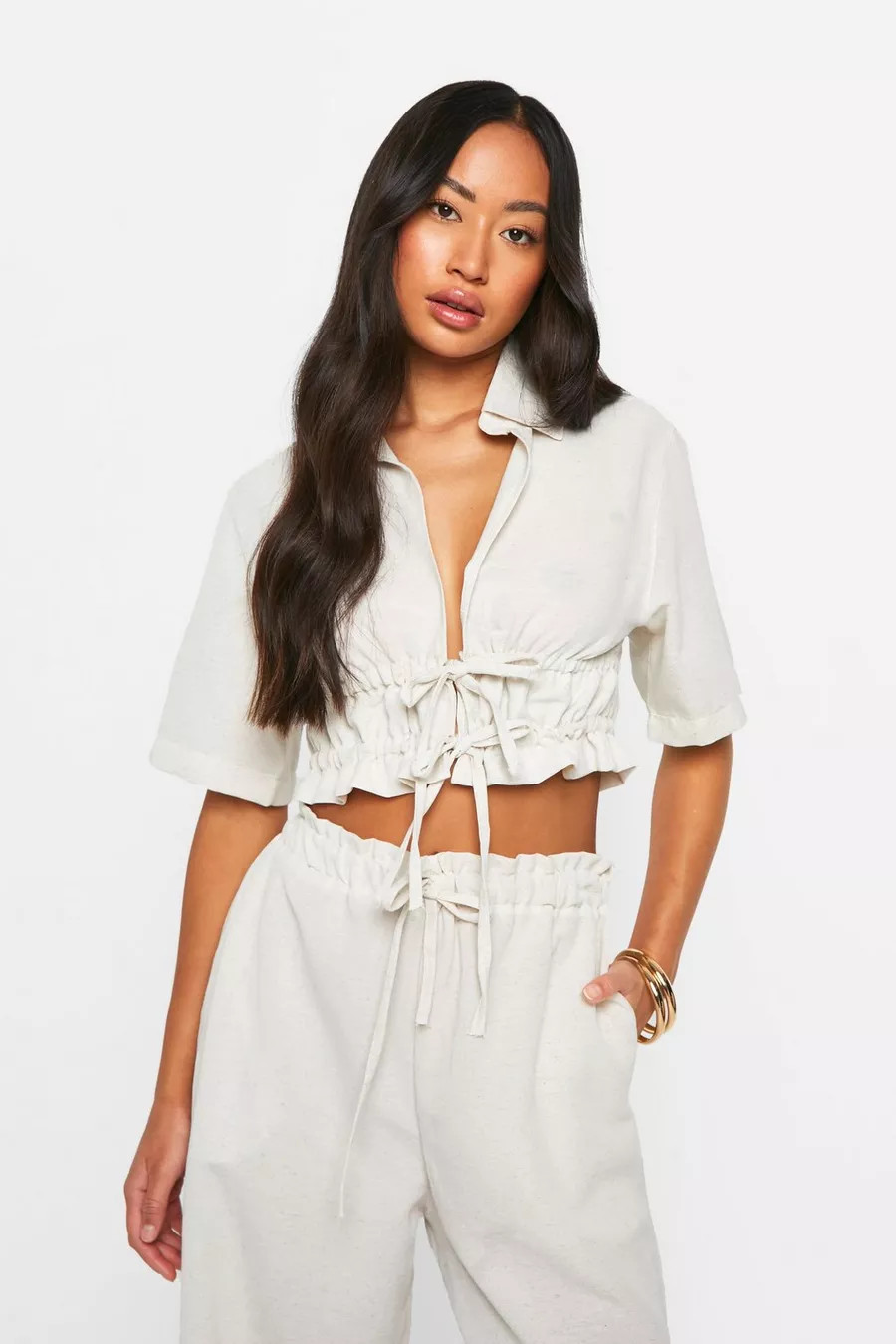 Linen Look Ruched Tie Front Shirt | Boohoo.com (UK & IE)