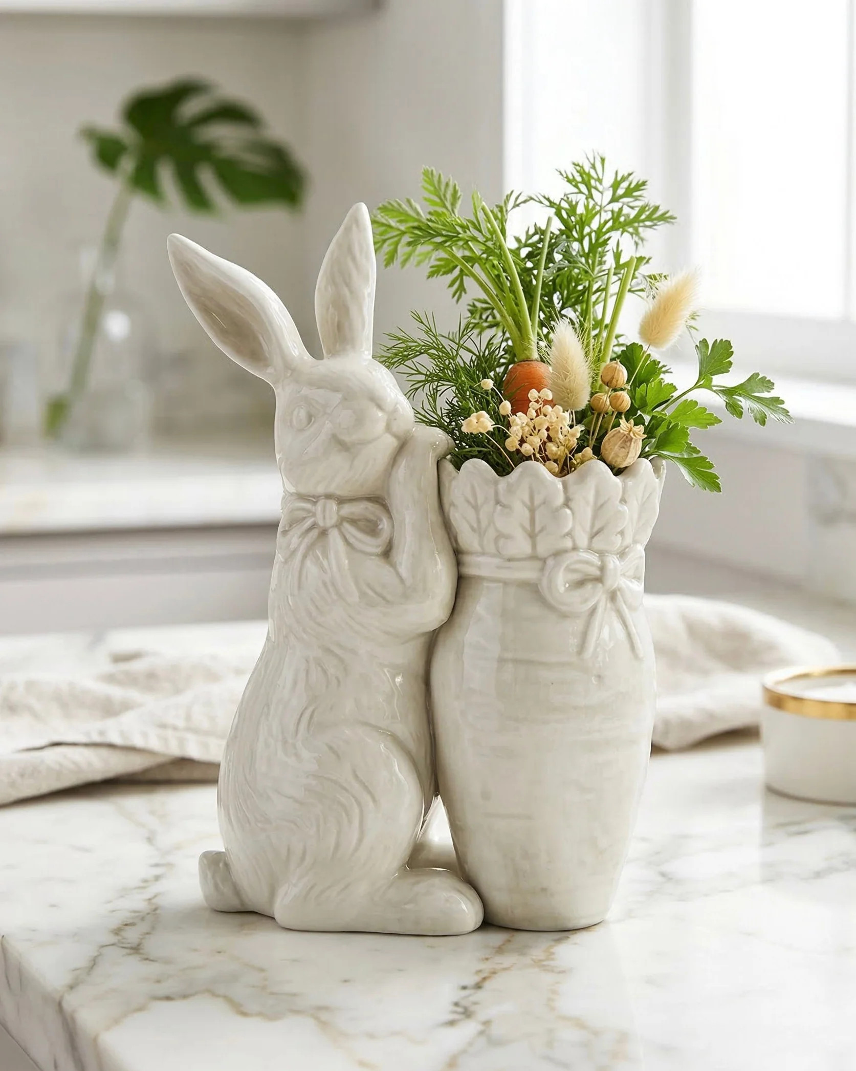 Antiqued White Bunny with Carrot Vase | MJHome