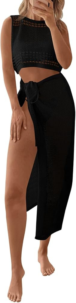 Fisoew Womens Crochet Swim Cover Ups 2 Piece Sleeveless Crop Tops Beach Wrap Skirt Hollow Out Boh... | Amazon (US)