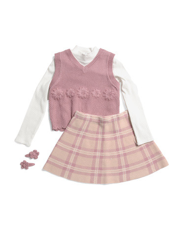 Girls 3pc Sweater Vest Long Sleeve Top And Skirt Set | TJ Maxx