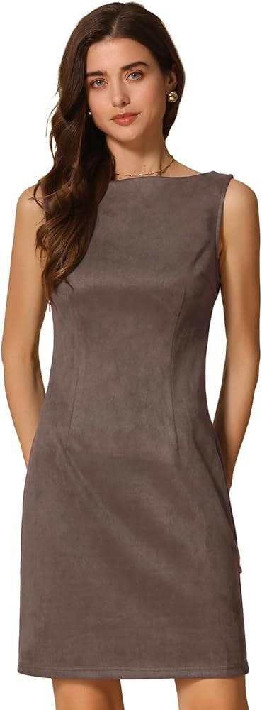 Allegra K Faux Suede Dress for Women's Boat Neck Sleeveless Sheath Dresses | Amazon (US)