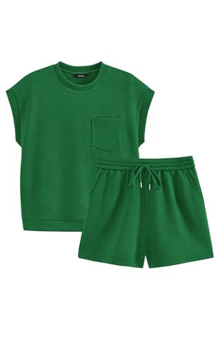 PRETTYGARDEN Women's Summer 2 Piece Outfits Casual Tracksuit Short Sleeve Shirts And Drawstring Shorts Matching Lounge Sets(Green,X-Large) | Amazon (US)