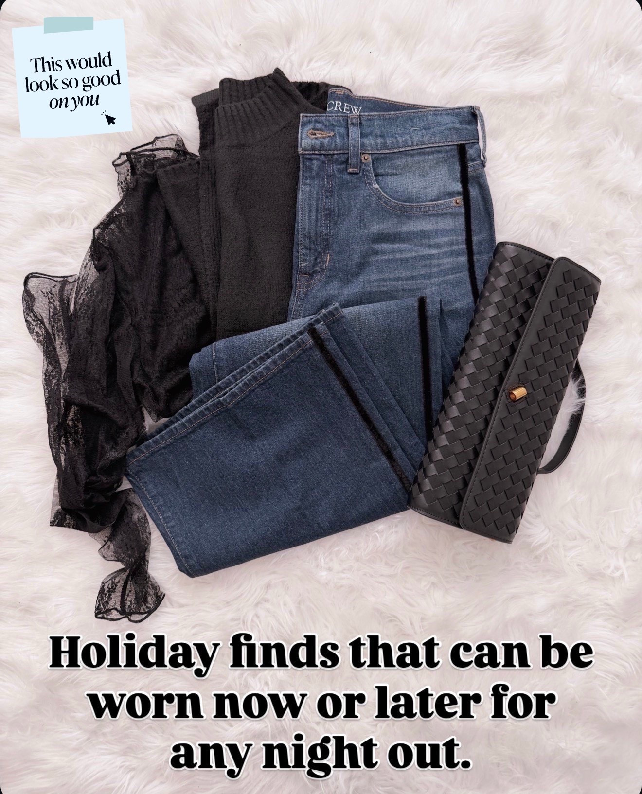 I love holiday pieces that don’t feel like “holiday.” These work just as well with jeans for dinner now as they will dressed up later in the season.

holiday outfit ideas, night out pieces, versatile wardrobe staples, black lace top, wide leg jeans, casual chic style over 40, elevated evening look



#LTKOver40 #LTKHoliday #LTKgrwm