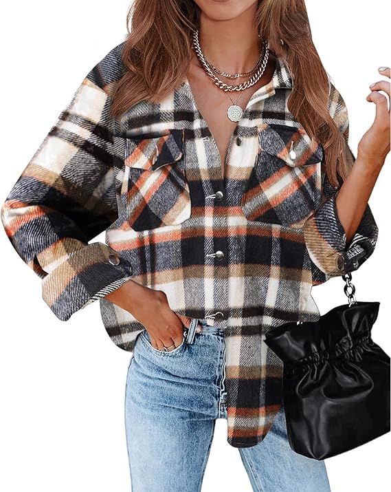 BTFBM Women Long Sleeve Shirts Button Down Plaid Casual Flannel Shirt Boyfriend Blouse Top Jacket... | Amazon (US)