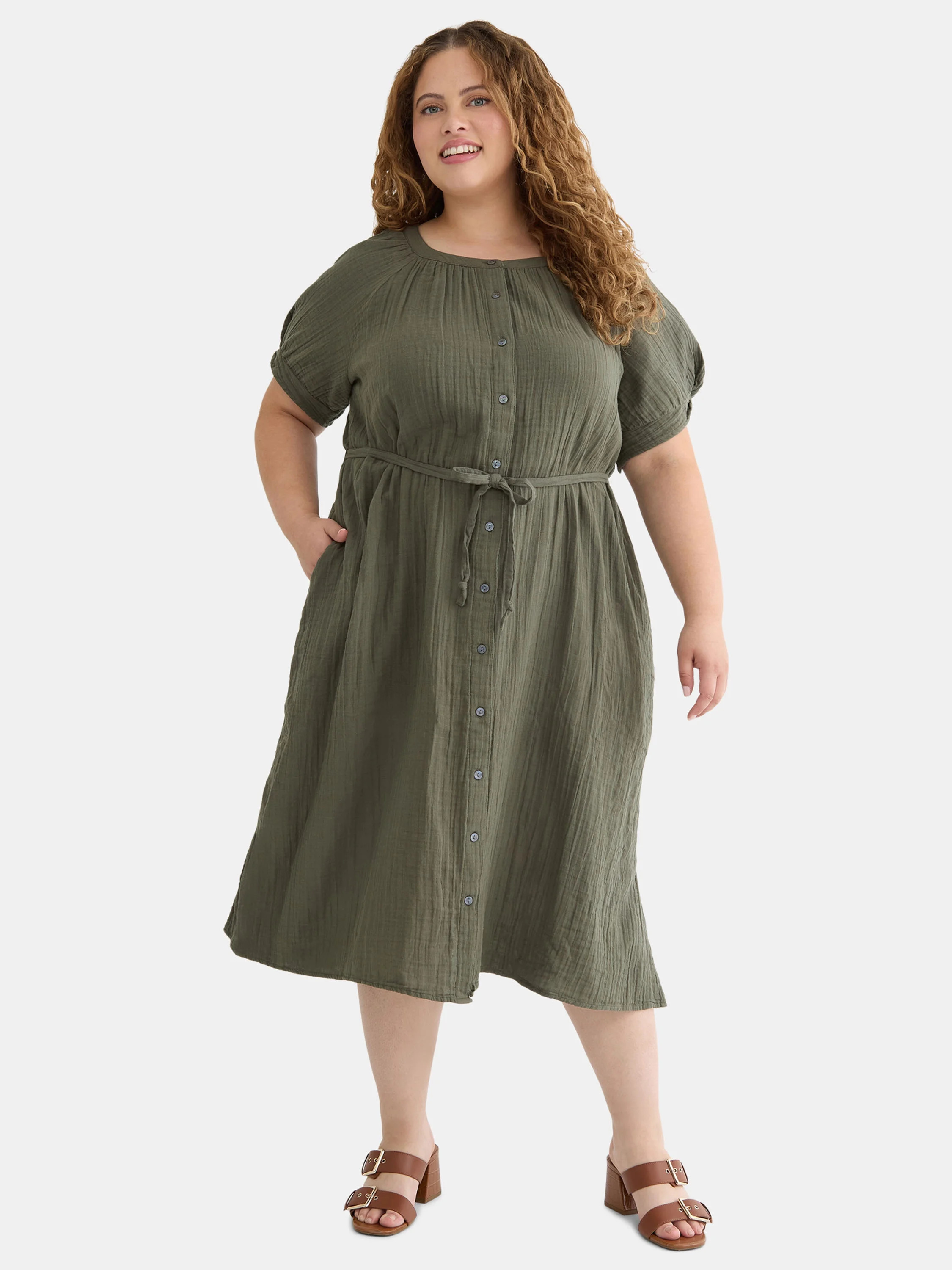 Time and Tru Women’s and Women’s Plus Cotton Double Cloth Midi Dress, Sizes XS-4X | Walmart (US)