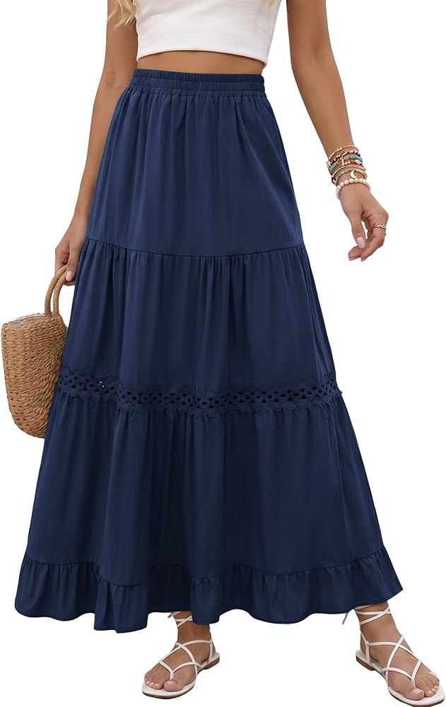 Womens Long Maxi Cotton Skirts Boho Lace Crochet Tiered Flowy Ruffle A-Line Skirt 2026 Trendy Bea... | Amazon (US)