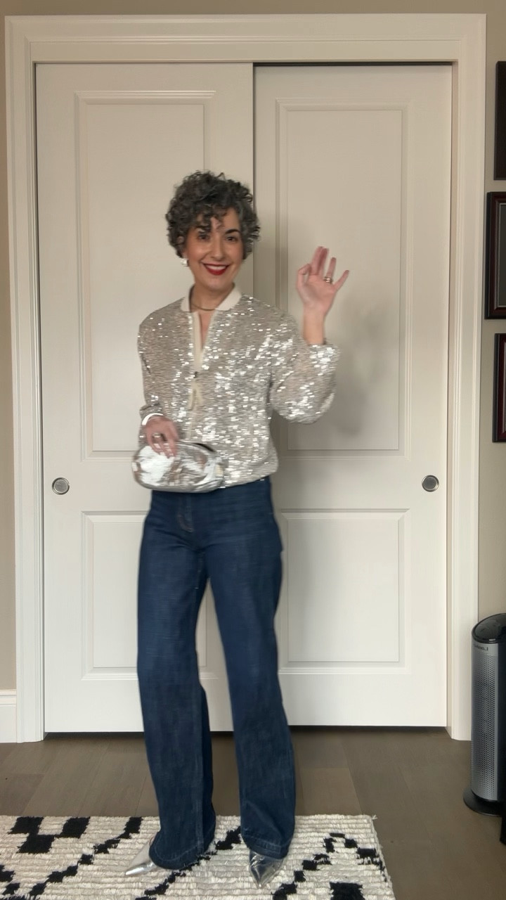 When your holiday party default is jeans and a cute top! 🎉
.
Wearing a 6 in jeans, medium in velour top, small in cardigan, XS in gold foil top and small in sequin bomber. 
.
I’m having trouble linking the velour top but there are some sizes avab. Item # is 131772001

#LTKFindsUnder100 #LTKFindsUnder50 #LTKHoliday