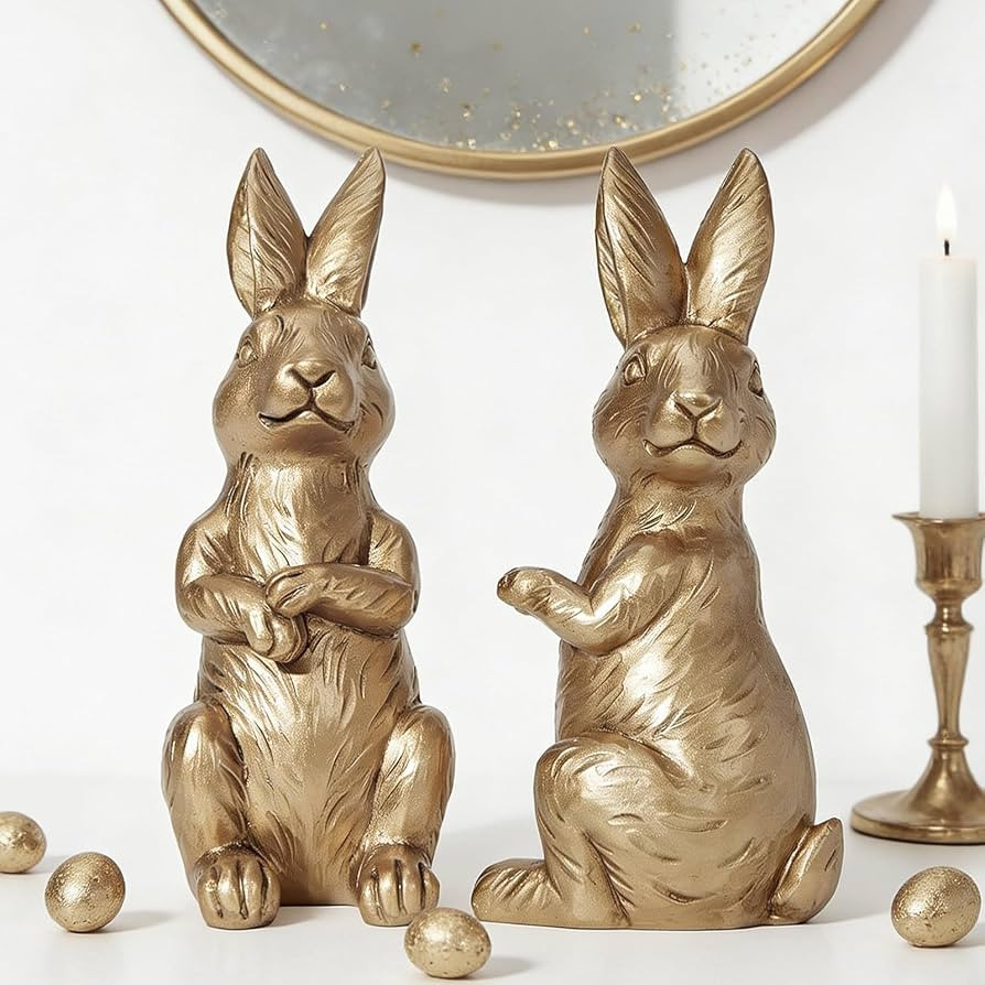 DN DECONATION Easter Decorations Bunny Figurines Set of 2 - Gold Rabbit Statues Farmhouse Spring ... | Amazon (US)