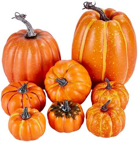 Artmag 8 Pcs Assorted Sizes Harvest Orange Artificial Pumpkins for Fall Halloween Thanksgiving De... | Amazon (US)