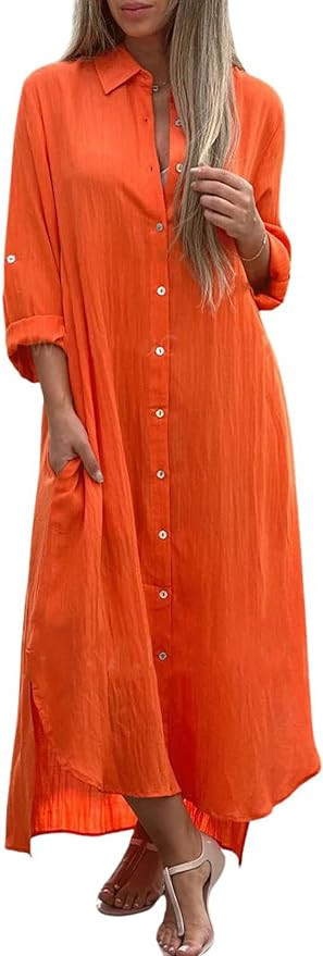 utcoco Summer Dresses for Women 2025 Casual Loose Split Long Sleeve Button Down Maxi Shirt Dress | Amazon (US)