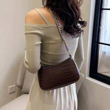 Crocodile Embossed Chain Baguette Bag Fashion Brown | SHEIN