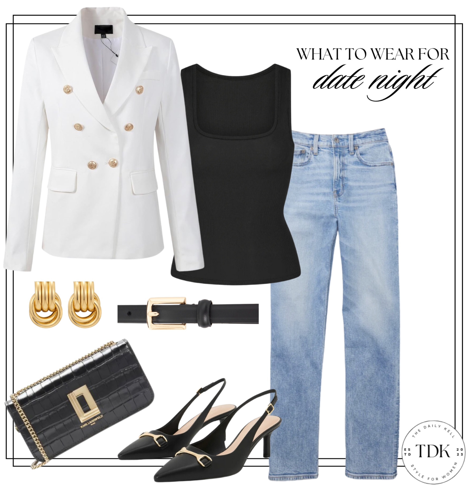 Off to a date night but want something casual but still chic?

This look is the perfect choice!

Wearing boyfriend jeans and a black tank top paired with a white blazer can create a stylish yet effortless look.

#LTKStyleTip #LTKFindsUnder100 #LTKOver40