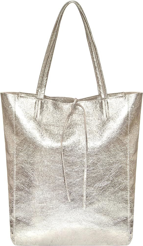 TAKEASY Women's Italian Tote Bag with Zipper from Metallic Rough Genuine Leather for Shopping, Wo... | Amazon (US)