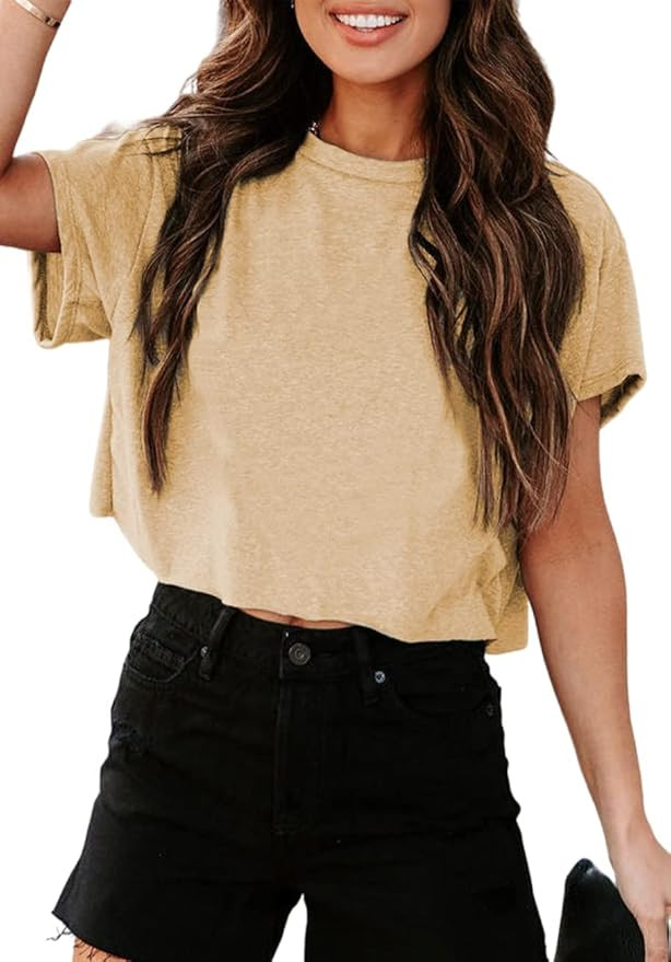 Tankaneo Women Short Sleeve Cropped T-Shirts Crew Neck Loose Crop Tops Summer Casual Drop Shoulde... | Amazon (US)