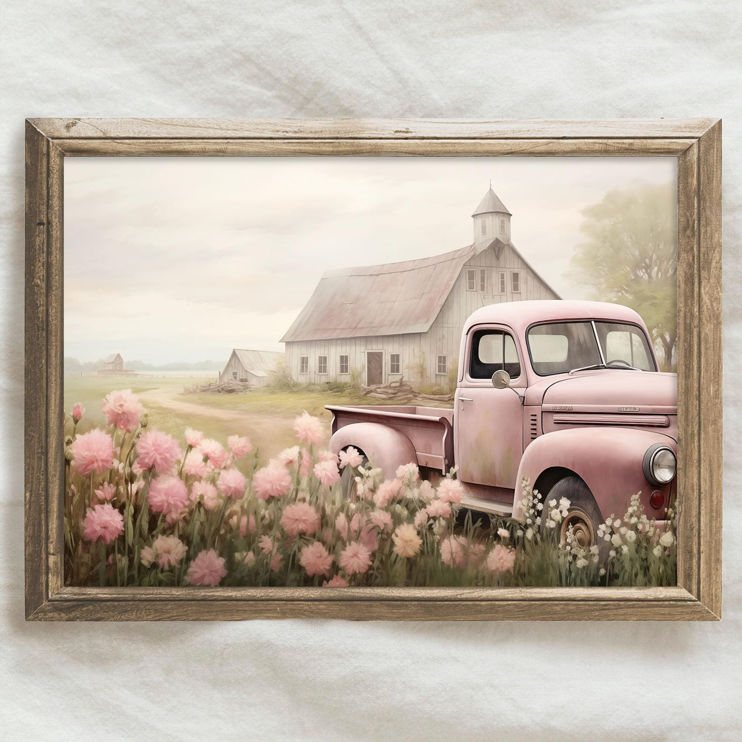 BACKYMRJCART Farmhouse Truck Canvas Wall Art Barn Flower Paintings Old Car and Pink Flower Pictur... | Amazon (US)