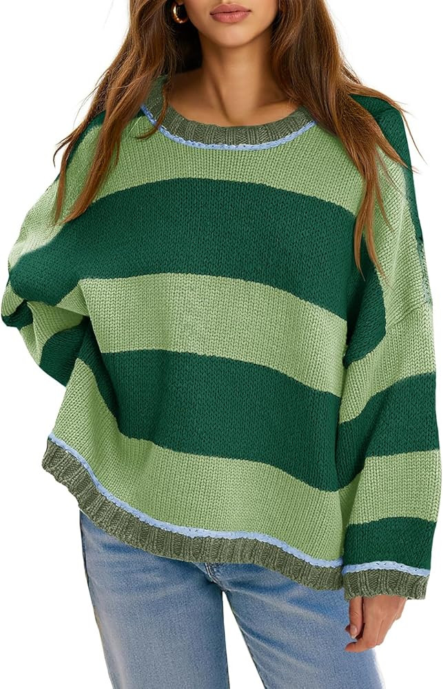 Fisoew Womens Oversized Sweaters Casual Long Sleeve Striped Color Block Crewneck Knitted Loose Fa... | Amazon (US)