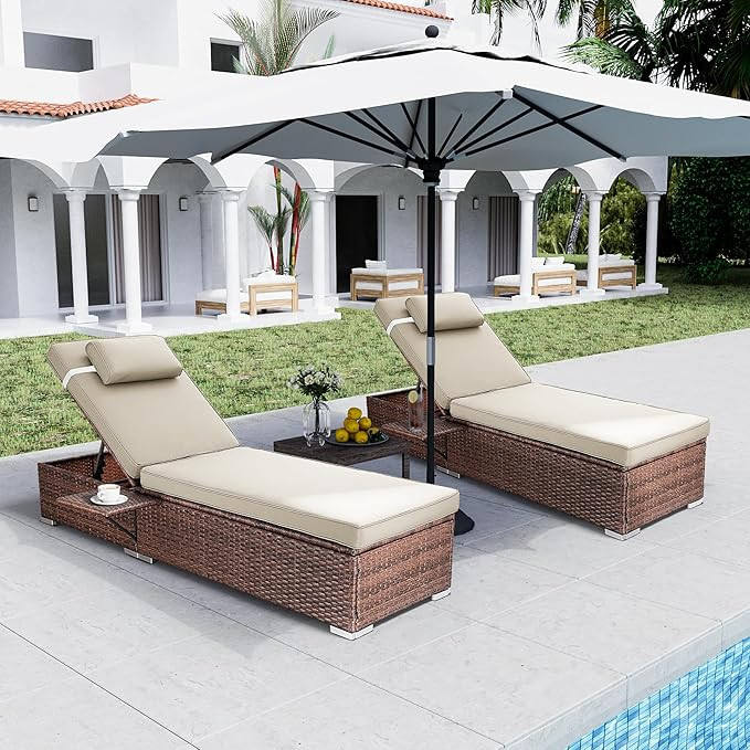 Rophefx Outdoor PE Wicker Patio Lounge Chairs Set of 2, Outside Rattan Pool Lounge Chair with Cup... | Amazon (US)
