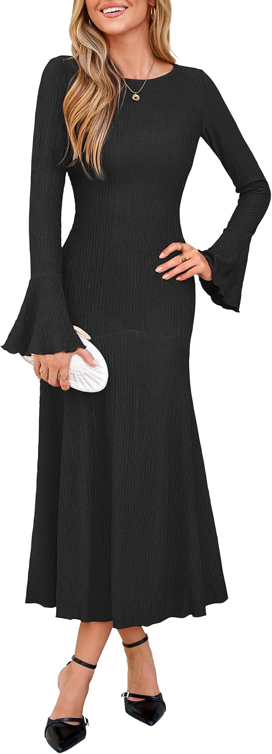 Simplee Long Sleeve Dress for Women Bodycon Maxi Dresses Bell Sleeve Dress | Amazon (US)