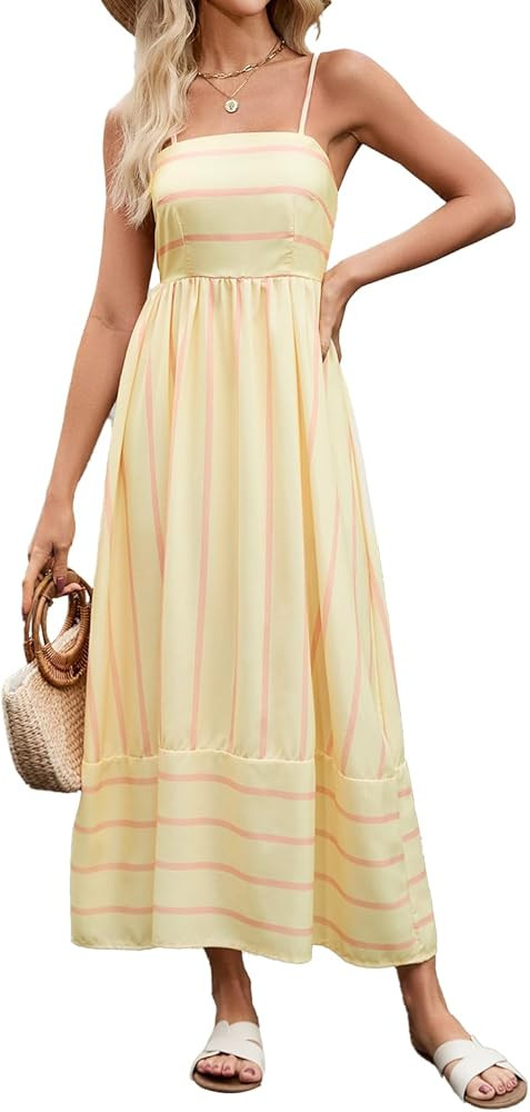 Women Striped Maxi Dress Sleeveless Backless Cutout Smocked Sundress Spaghetti Straps Boho Flowy ... | Amazon (US)