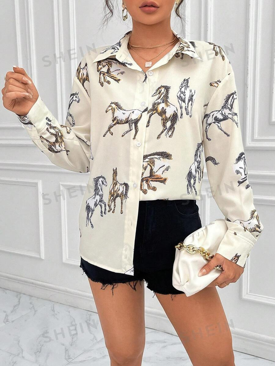 SHEIN Essnce Horse Print Button Front Shirt,Long Sleeve Tops | SHEIN