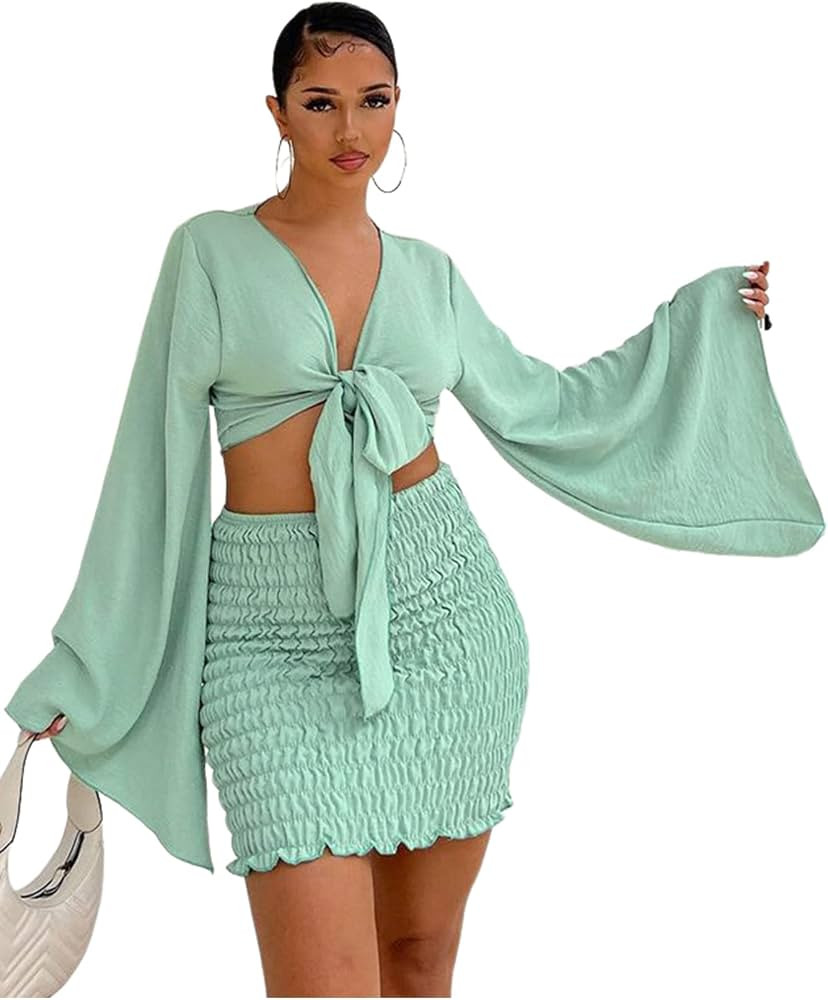 LYANER Women's 2 Piece Outfits Tie Knot Front Bell Long Sleeve Crop Top and Mini Skirt Set | Amazon (US)
