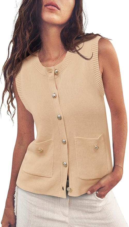 Saodimallsu Womens Summer Cropped Sweater Vest Sleeveless Button Ribbed Knit Crew Neck Cardigan V... | Amazon (US)