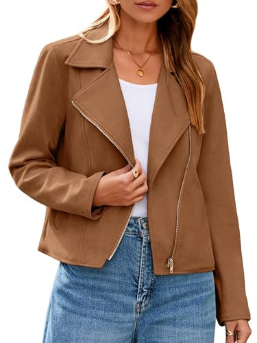 Glamaker Womens Faux Suede Jackets Long Sleeve Casual Cropped Zipper Biker Moto Jacket Fall Winter Outfits(Camel,Small) | Amazon (US)