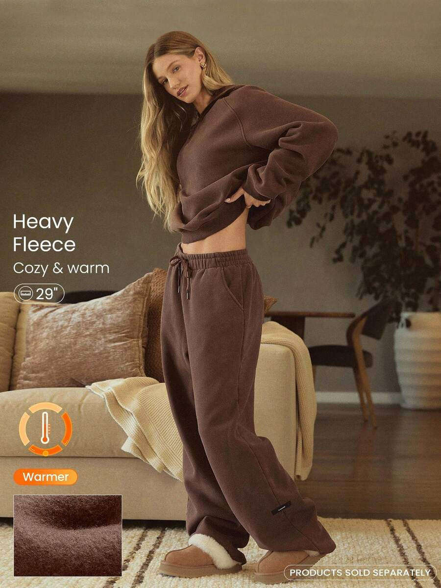 GLOWMODE Heavyweight Fleece Oversized Fit Adjustable Drawstring Waist Basic Wide Leg Joggers With... | SHEIN