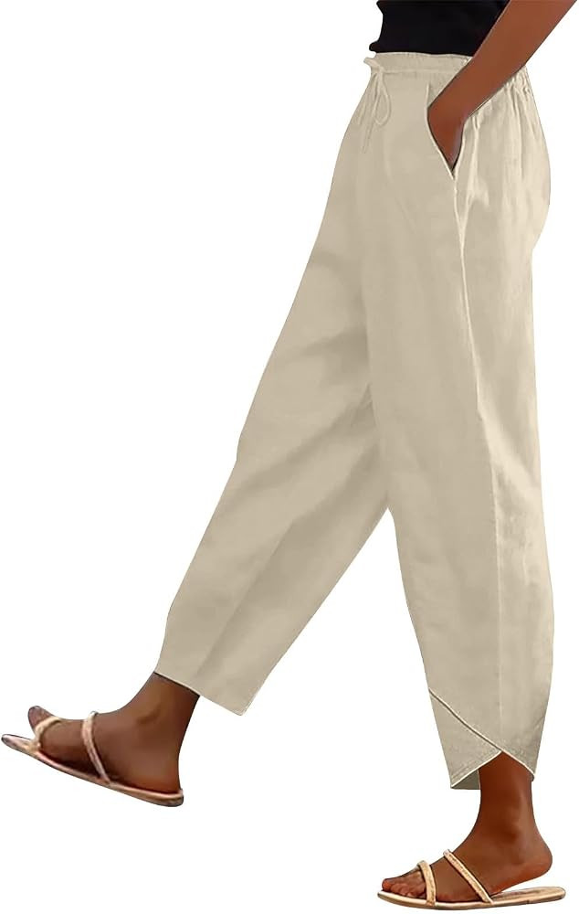 Cotton Linen Pants Women Petite Casual Elastic High Waist Wide Leg Cropped Pant Summer Vacation C... | Amazon (US)