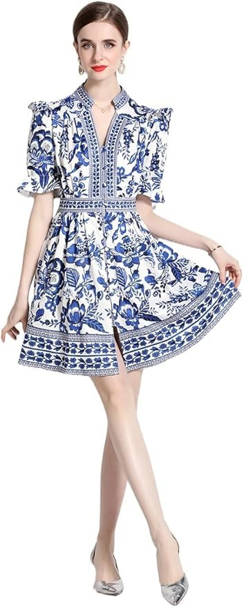 Vintage Court Style Short Sleeve V-Neck Ruffled A-line Celadon Print Dress | Amazon (US)