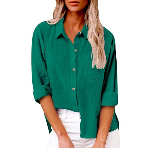 Cotton Linen Button Down Shirts for Women Long Sleeve Collared Work Blouse Trendy Loose Fit Summer Tops with Pocket | Amazon (US)