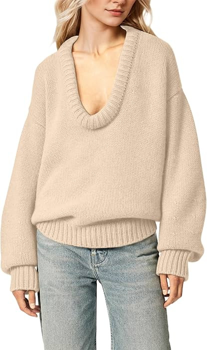 Livtany Women’s Oversized Ribbed Deep V Neck Sweater Long Sleeve Drop Shoulder Pullover Top Cas... | Amazon (US)