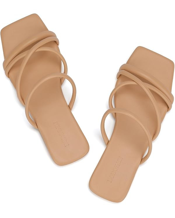 Women's Wide Width Strappy Flat Sandals Dressy Squared Open Toe Slide Sandals Comfortable Trendy ... | Amazon (US)